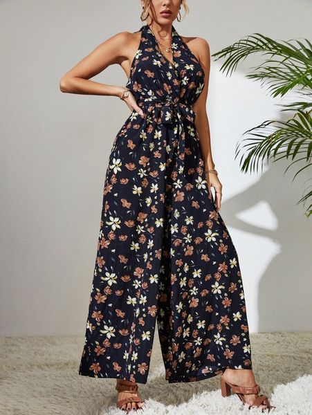 

floral print tie backless wide leg halter jumpsuit b78y#, Black;white
