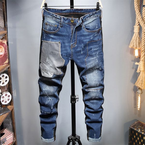 

2022 new style stitching ripped slim stretch men's jeans nh30gg33yu, Blue