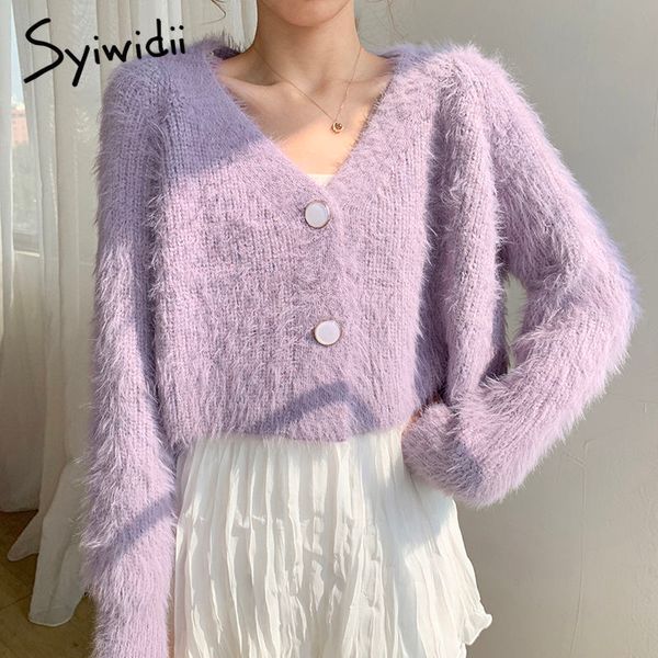 

mohair cropped cardigan street style v neck korean solid casual knitted sweater women winter clothes 210415, White;black