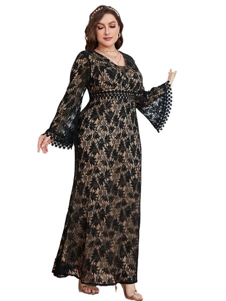 

plus floral lace flounce sleeve formal dress 73lo#, Black