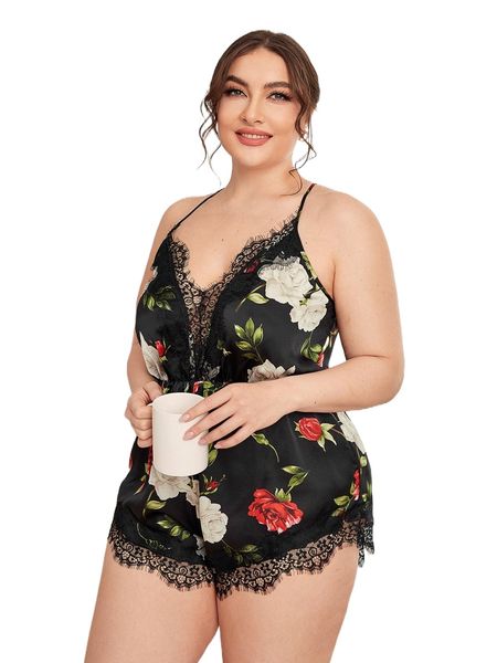 

plus floral print contrast lace crisscross sleep romper i17g#, Black;white