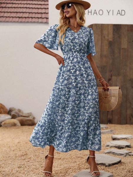 

allover floral print butterfly sleeve ruffle hem dress t3uk#, Black;gray