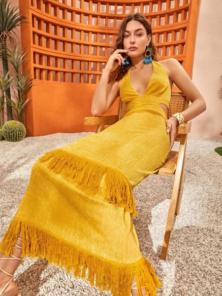 

cut out waist tie backless fringe detail halter dress y9yh#, Black;gray