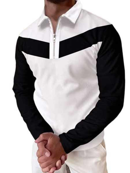 

men color block quarter zipper polo shirt s1st#, White;black
