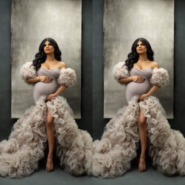 Vestidos de baile de alto feijão Ruffles Maternity Robes para sessão de fotos para mulheres grávidas Mermaid Vestes personalizados