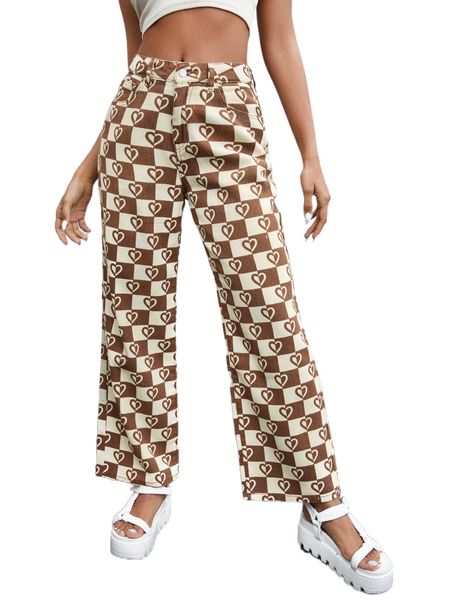 

high waisted checked and heart print jeans 724d#, Blue