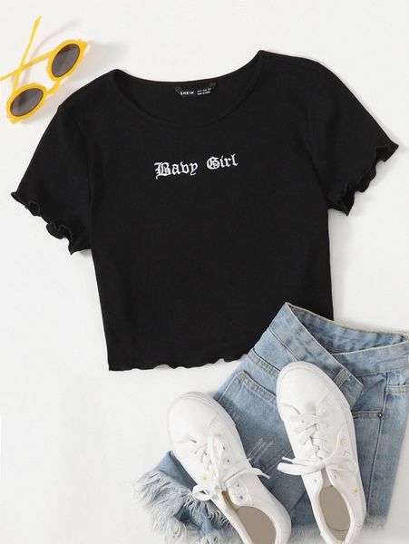 

letter embroidery lettuce trim tee b7wr#, White