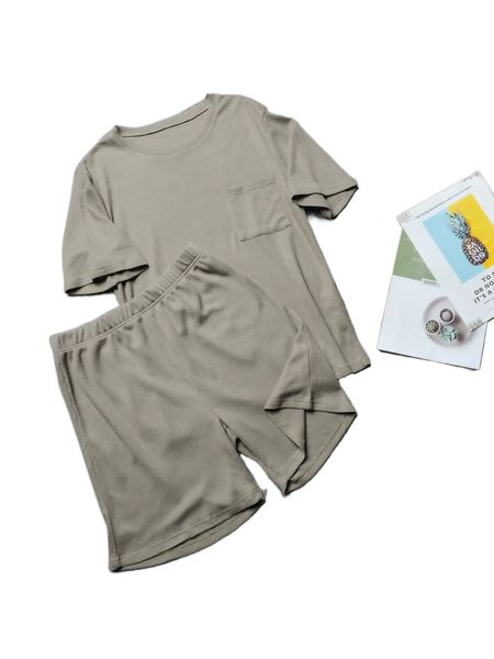 

men patched pocket waffle knit lounge set d98m#, Black;brown