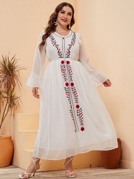 

plus swiss dot floral embroidery flounce sleeve dress 33uw#, Black