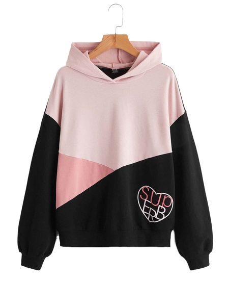 

colorblock drop shoulder hoodie 91bt#, Black