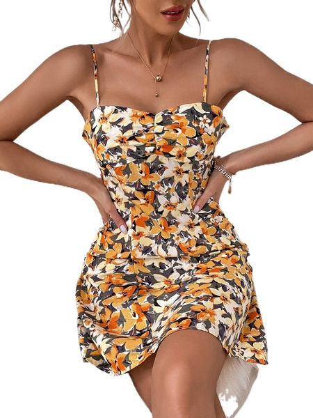 

allover floral print ruched lace up back cami dress g6jt#, Black;gray