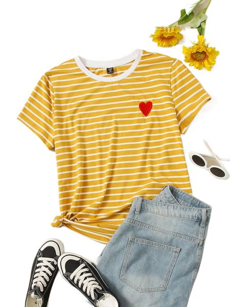 

plus striped heart embroidery detail tee s2xy#, Black