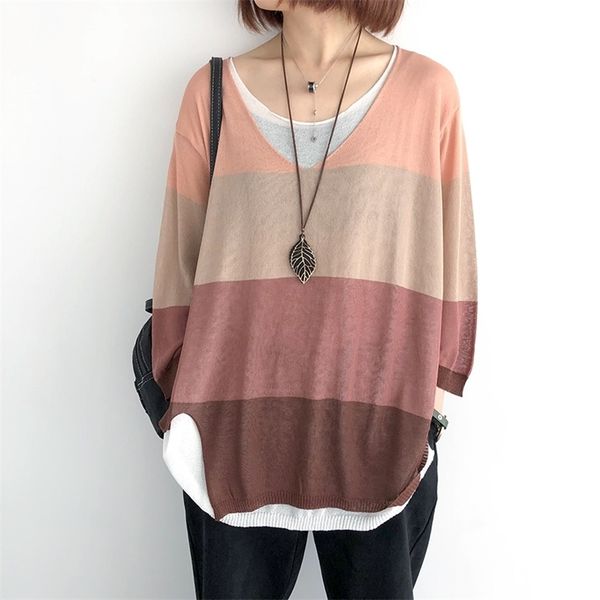 

johnature women patchwork color tshirts fake two pieces summer new oneck seven sleeve casual female loose tshirts t200614, White