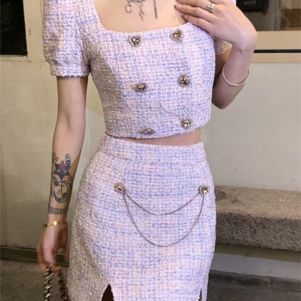 

summer midriff split two piece skirt set women patchwork plaid korean fashion skirt suit female party mini skirt sets 220510, White