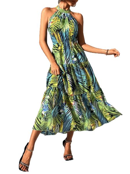 

tropical print cut out back dress q4le#, Black;gray