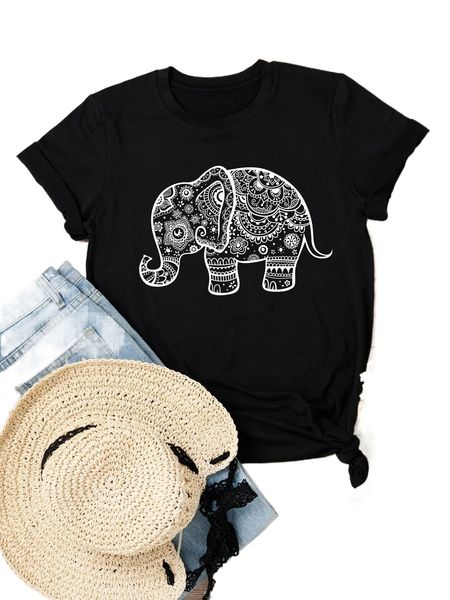 

plus floral & elephant print tee 082b#, Black
