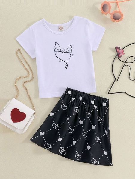

toddler girls butterfly & heart print tee & skirt she, White