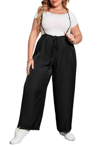 

plus knot front suspender pants i82q#, Black