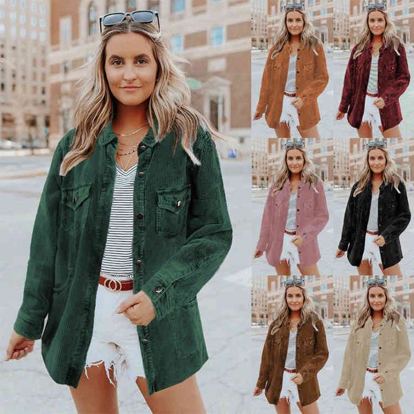 

women's blouses & shirts 2022 autumn winter corduroy loose cardigan large women's dress solid color lapel medium length shirt coat, White