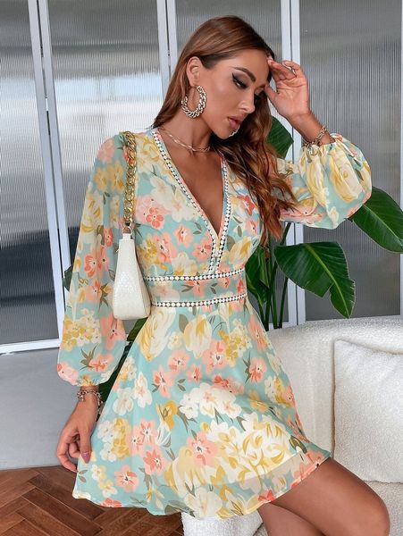 

floral print lantern sleeve a-line dress m3pc#, Black;gray