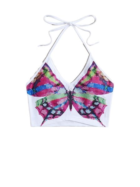

butterfly print tie backless crop halter 851q#, White