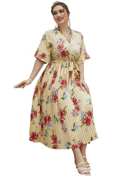 

plus floral print pleated belted dress h3zc#, Black