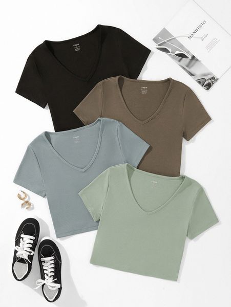 

4pcs solid ribbed knit tee c0kd#, White