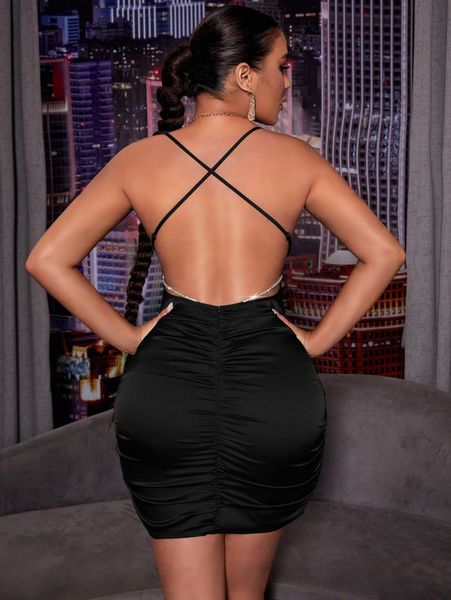 

sxy solid satin backless ruched dress d9lk#, Black;gray