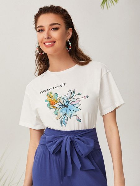 

slogan & floral print tee q6cn#, White