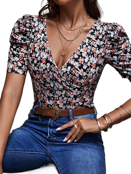 

ditsy floral surplice neck puff sleeve tee g8tj#, White