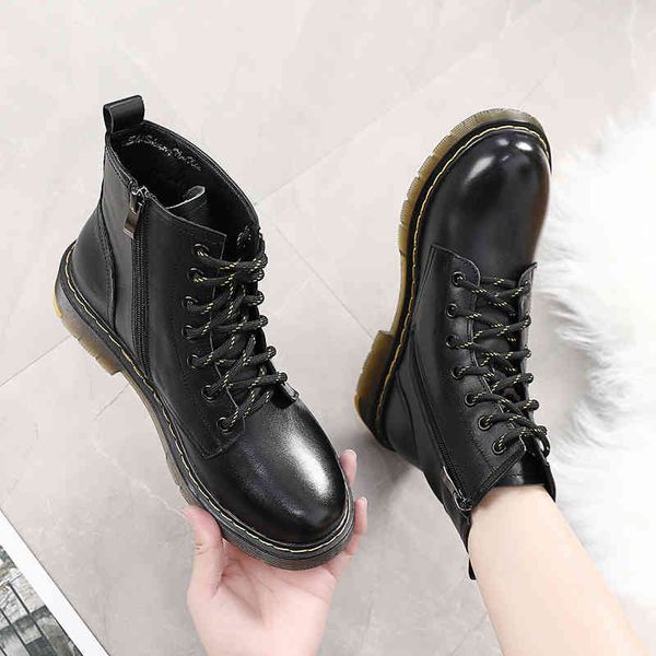 

slippers british style martin boots women's large leather versatile adhesive plush high short artificial wool thin cotton jntv, Black