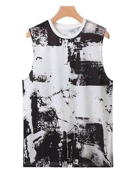 

men graphic curved hem tank 63xm#, White;black