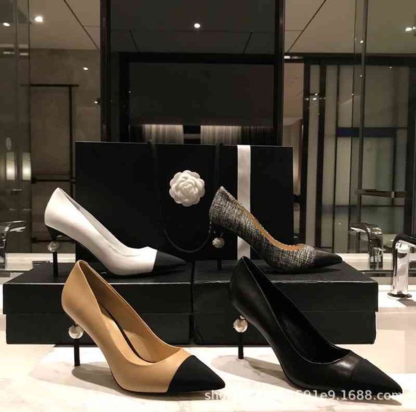 

sandals spring and summer pointed thin heels women's fashion with korean color matching shallow mouth pearl single shoes women, Black