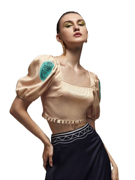 

x nath bermudez figure graphic square neck irregular hem crop tee r74b#, White