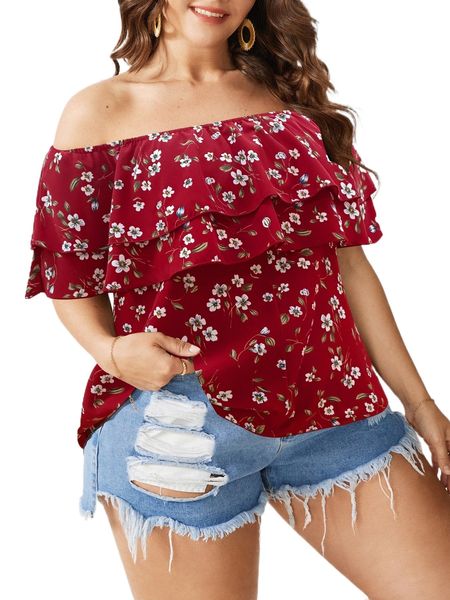 

plus all over floral print off the shoulder ruffle trim blouse a11t#, Black