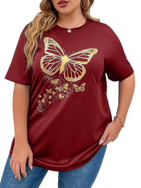 

plus butterfly print drop shoulder tee 27t9#, Black
