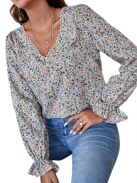 

lace trim embroidery mesh back ditsy floral blouse h6wq#, White