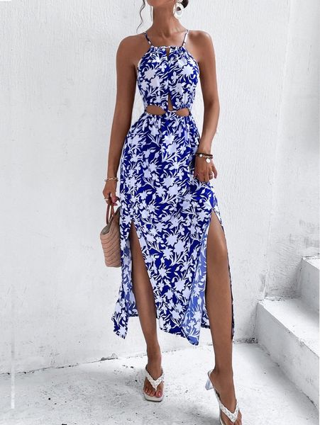 

floral print cutout split thigh dress u3w3#, Black;gray