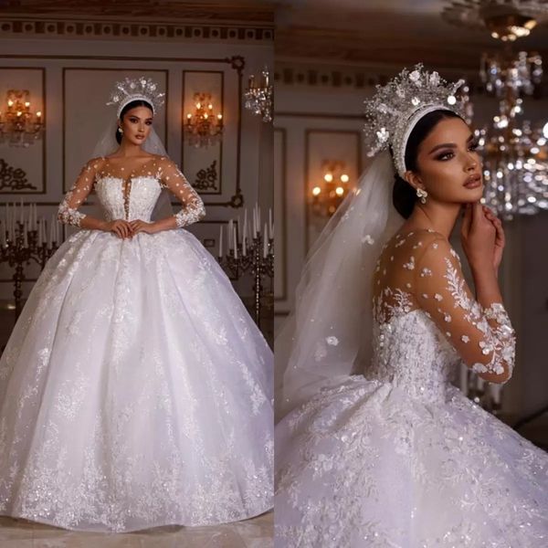 Royal Luxury Princess Ball Gown Abiti da sposa Paillettes lucide Appliques Scollo a V Paillettes con lacci Lungo senza maniche Backless Lunghezza del pavimento Treno Vintage Robes De Soiree