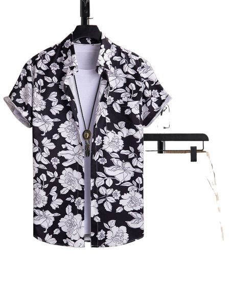 

men floral print shirt & drawstring waist shorts without tee f6ad#, Gray