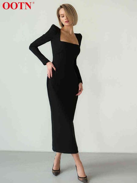 Ootn elegante vestido preto corporcon de pescoço quadrado de manga longa vestidos de festa mulher malha dividida no meio-calif sólido vestido sexy 2022 T220804
