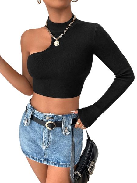 

asymmetrical neck ribbed knit crop sweater r6tl#, White;black