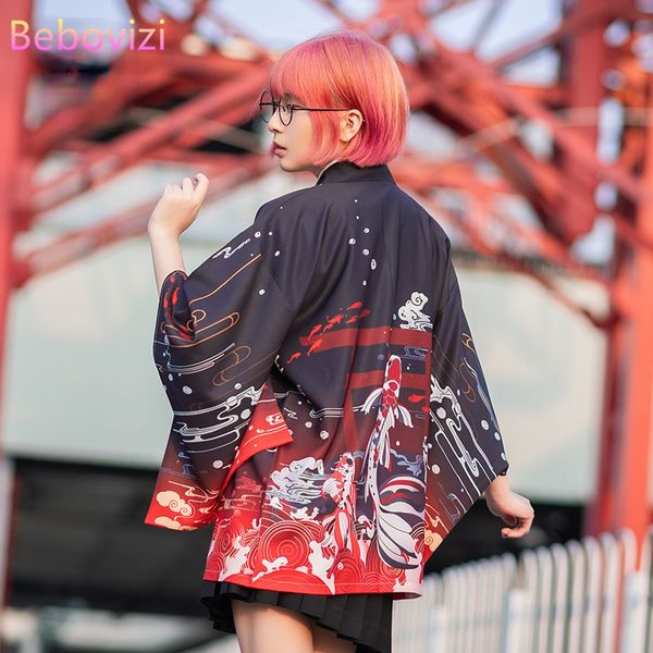 

2022 new summer carp printing loose japanese streetwear cardigan women men harajuku haori kimono cosplay blouse yukata, Red