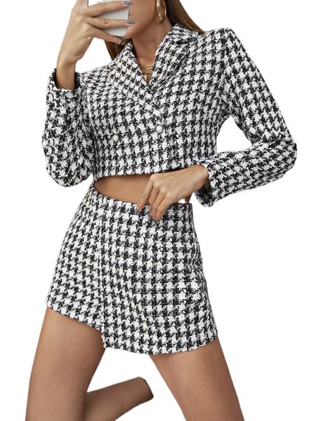 

glamaker lapel neck double button plaid coat & skort o7ew#, White