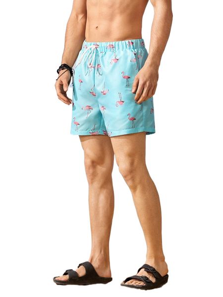

men flamingo print drawstring waist shorts h75n#, White;black