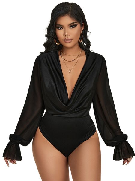 

sxy draped deep v neck flounce sleeve bodysuit y7hp#, White
