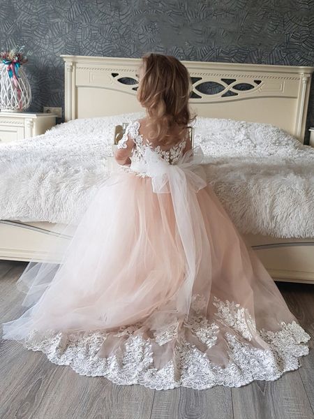 Abito per bambini Tulle Pizzo Manica corta Abito da ballo Abito da principessa Fiocco romantico Abito da sposa per bambina MC2305