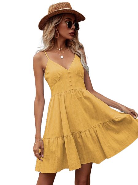 

solid shirred back ruffle hem cami dress r94f#, Black;gray