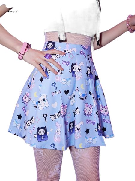 

romwe anime cartoon skull print pleated skirt t5bb#, Black