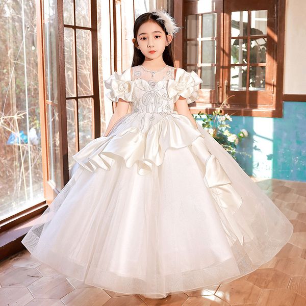 Maßgeschneiderte Ballkleid Blumenmädchenkleider für Hochzeit Spitze White Girls Festzugskleider Kinder Party Kleid billige Kinder Prom Kleider